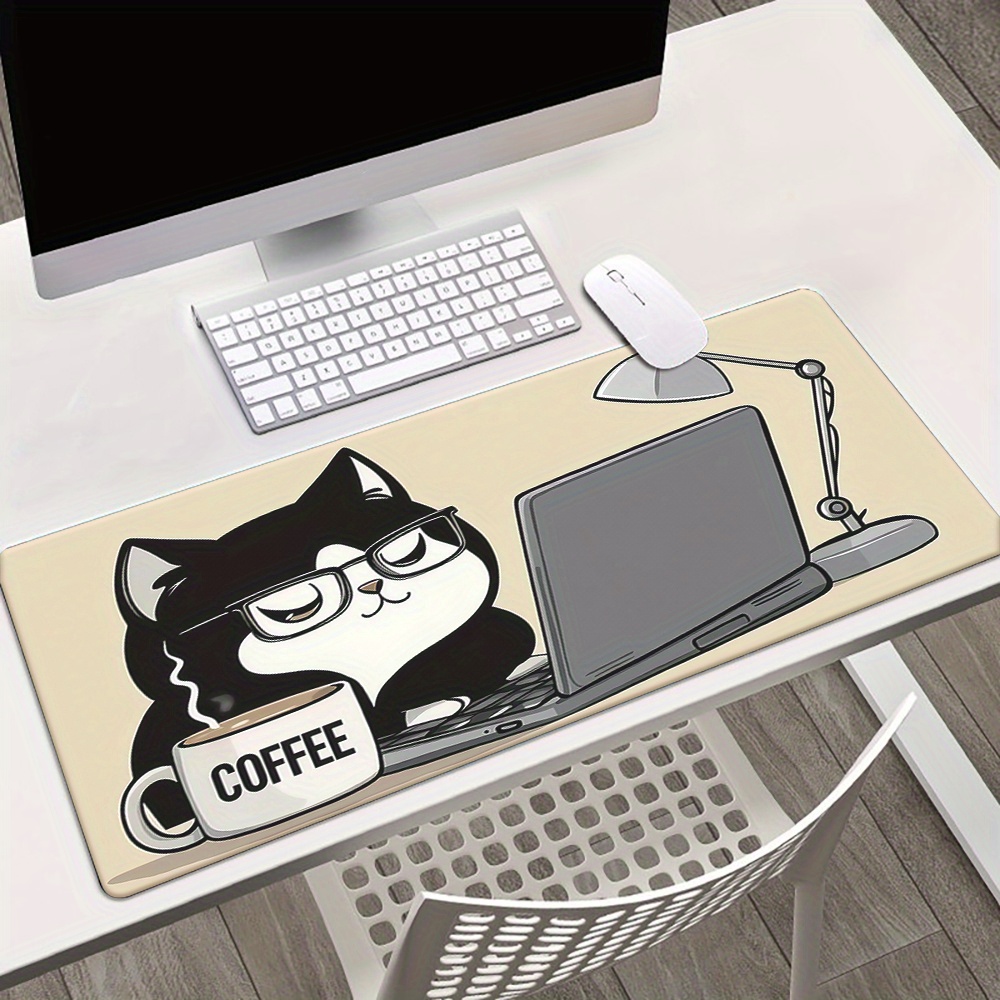 Laptop Accessories Officeworks - かわいいコーヒー猫がラップトップデスクマットで仕事をしている、柔らかいゴム製ゲーミングマウスパッド、オフィスアクセサリー